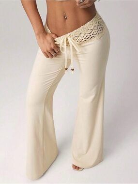 Cream Crochet Waist Drawstring Flared Lounge Pants
